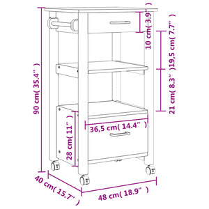 Carrello da Cucina MONZA 48x40x90 cm in Legno Massello di Pino 376085