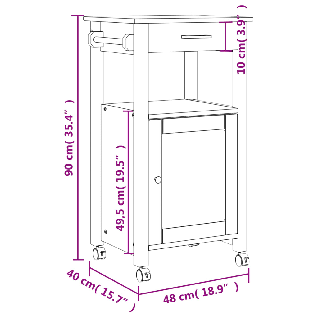 Carrello da Cucina MONZA 48x40x90 cm in Legno Massello di Pino 376088