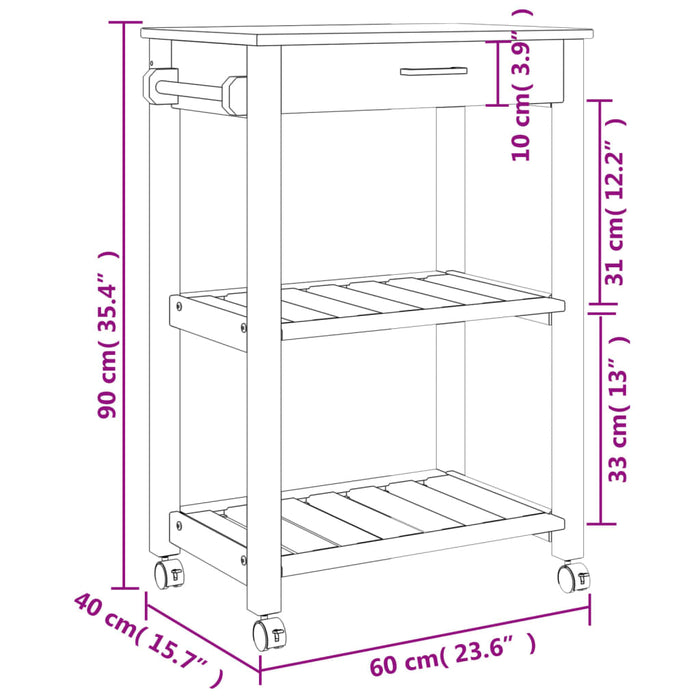 Carrello da Cucina MONZA 60x40x90 cm in Legno Massello di Pino 376091