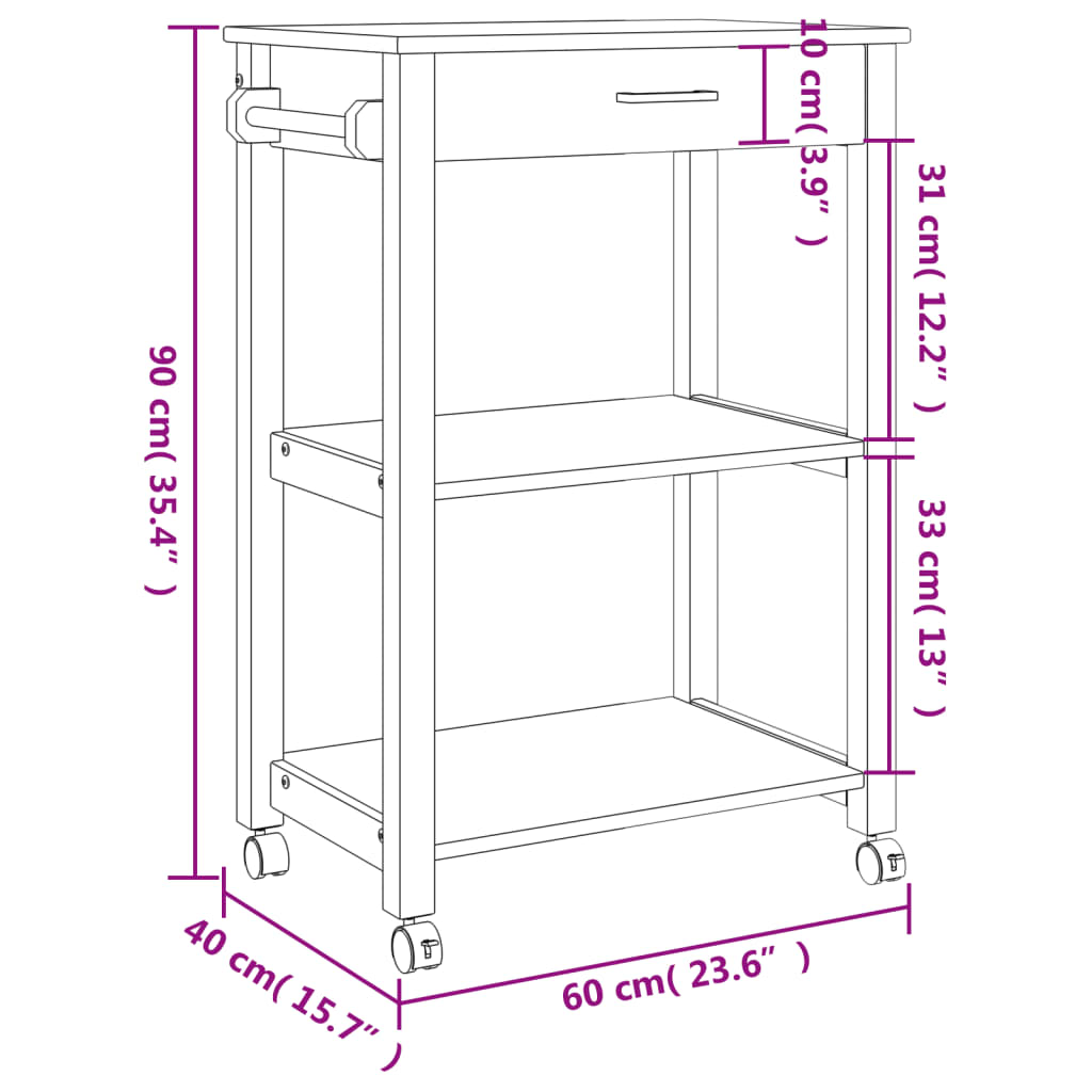 Carrello da Cucina MONZA 60x40x90 cm in Legno Massello di Pino 376094