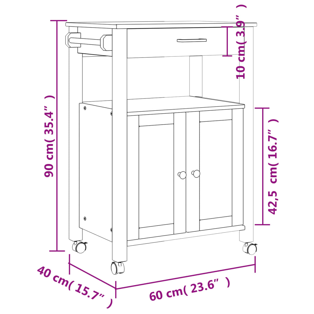 Carrello da Cucina MONZA 60x40x90 cm in Legno Massello di Pino 376098