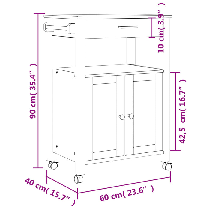 Carrello da Cucina MONZA 60x40x90 cm in Legno Massello di Pino 376099