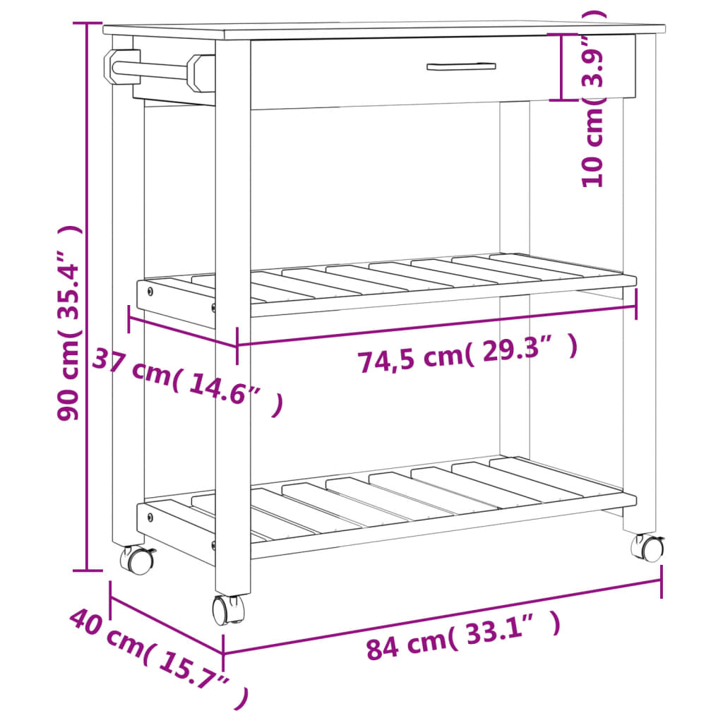 Carrello da Cucina MONZA 84x40x90 cm in Legno Massello di Pino 376100