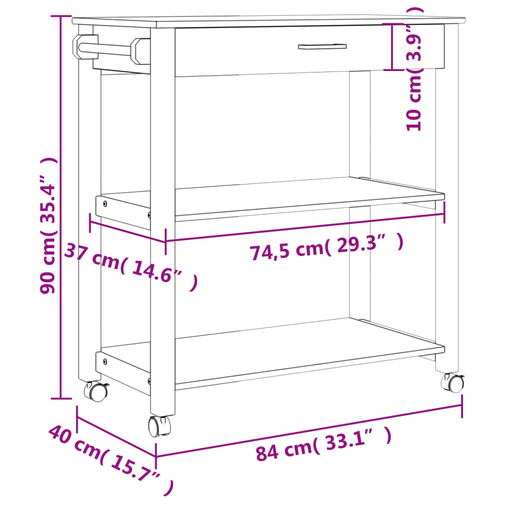 Carrello da Cucina MONZA 84x40x90 cm in Legno Massello di Pino 376103