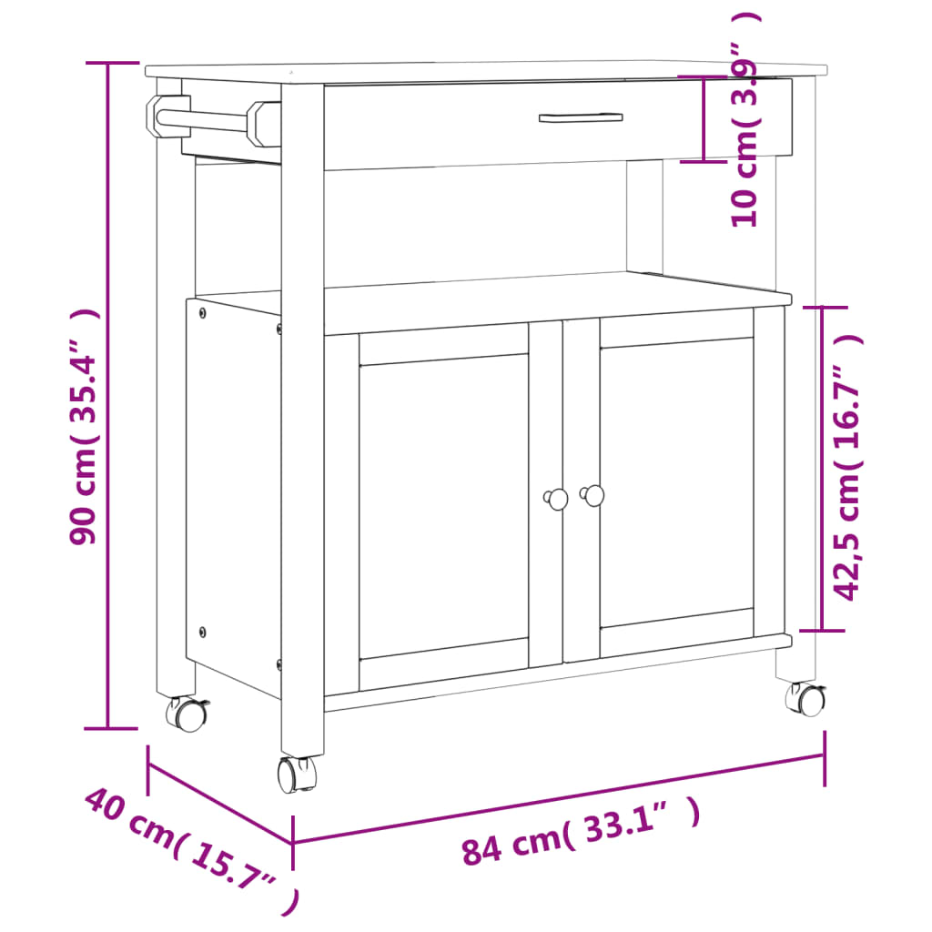 Carrello da Cucina MONZA 84x40x90 cm in Legno Massello di Pino 376106