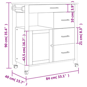 Carrello da Cucina MONZA 84x40x90 cm in Legno Massello di Pino 376110