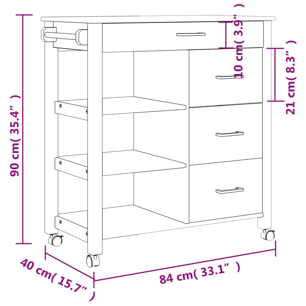 Carrello da Cucina MONZA 84x40x90 cm in Legno Massello di Pino 376112