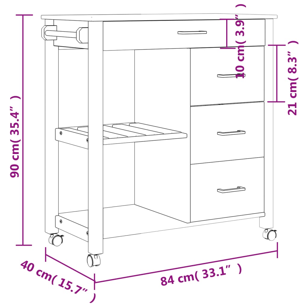 Carrello da Cucina MONZA 84x40x90 cm in Legno Massello di Pino 376115