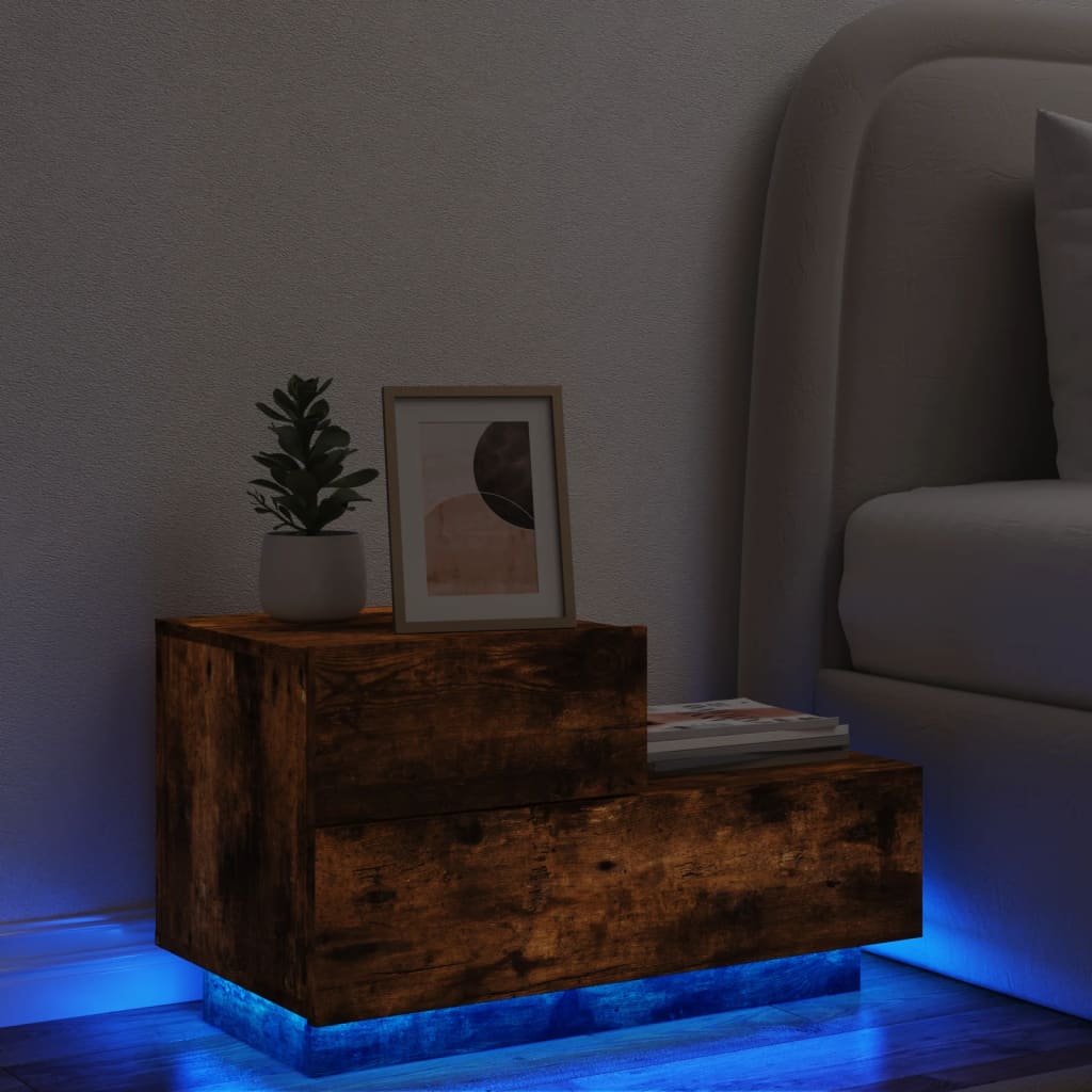 Comodino con Luci LED Rovere Fumo 70x36x40,5 cm 836781