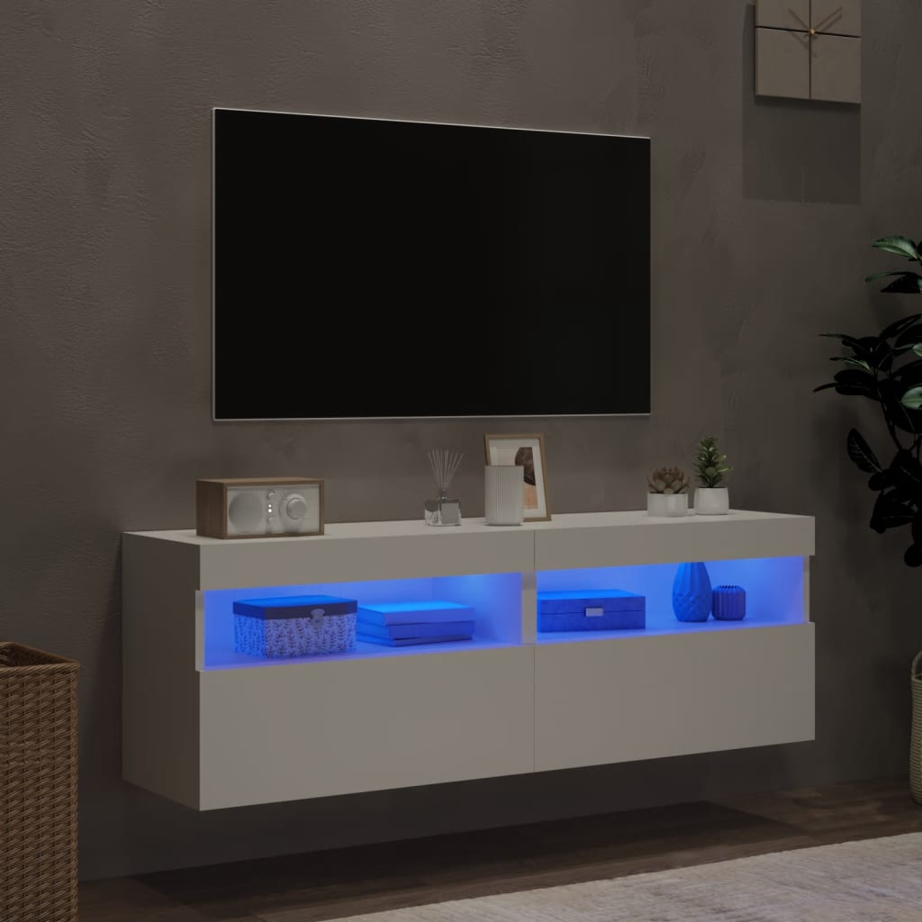 Mobili TV a Parete con Luci LED 2pz Bianchi 60x30x40 cm 837184