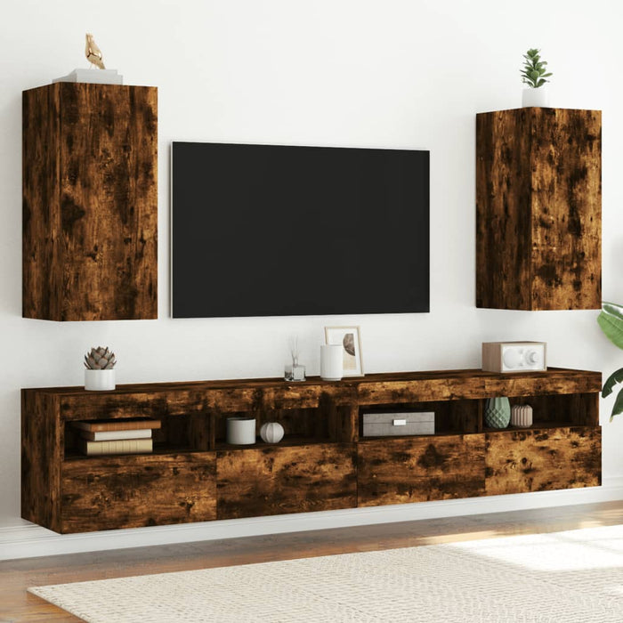 Mobili TV a Parete con Luci LED 2pz Rovere Fumo 30,5x35x70 cm 837241