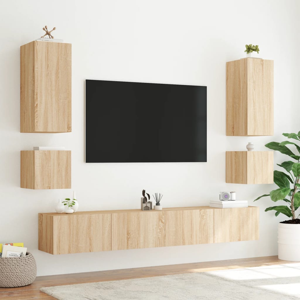 Mobili TV a Parete con Luci LED 2pz Rovere Sonoma 40,5x35x40 cm 837251