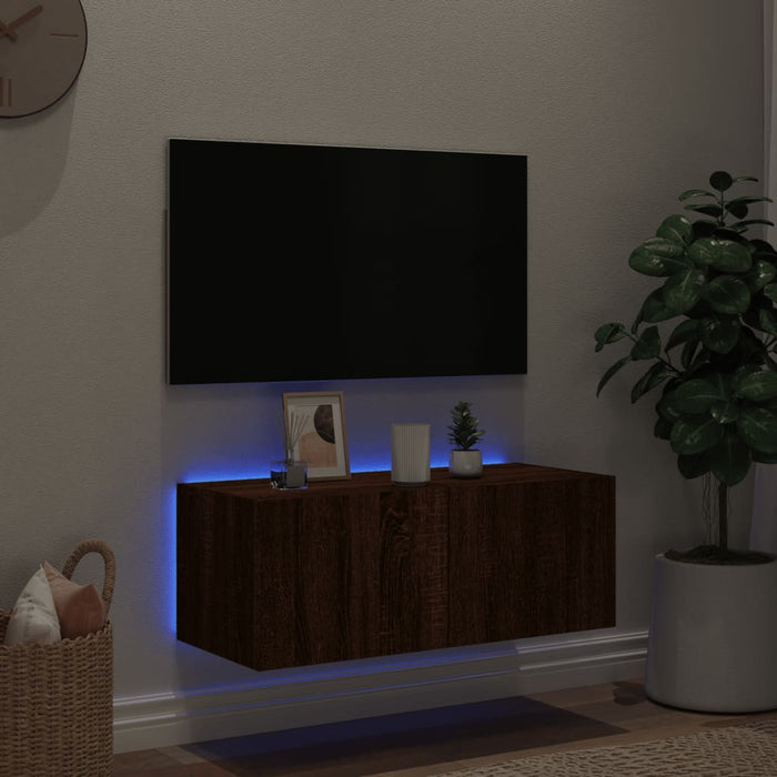 Mobile TV a Parete con Luci LED Rovere Marrone 80x35x31 cm 837293