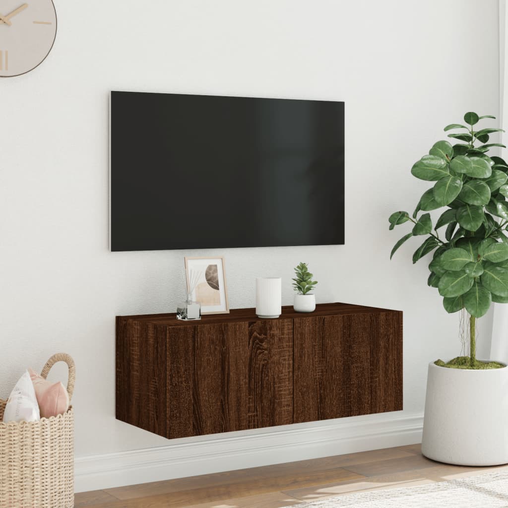 Mobile TV a Parete con Luci LED Rovere Marrone 80x35x31 cm 837293