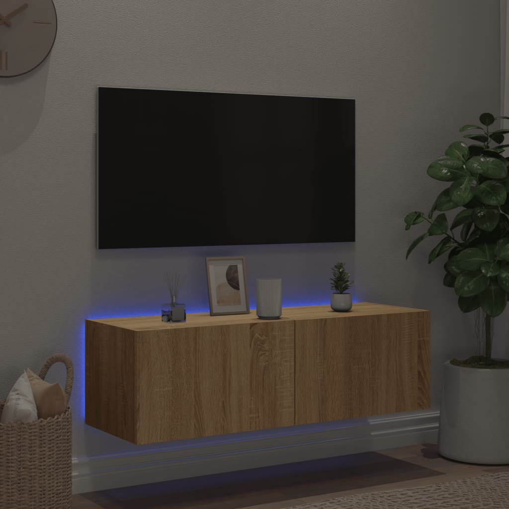 Mobile TV a Parete con Luci LED Rovere Sonoma 100x35x31 cm 837297