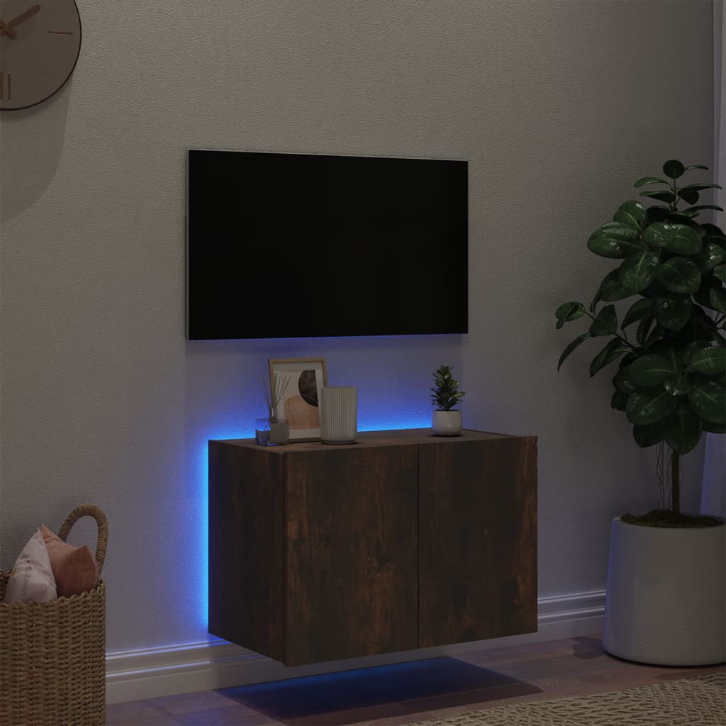 Mobile TV a Parete con Luci LED Rovere Fumo 60x35x41 cm 837310