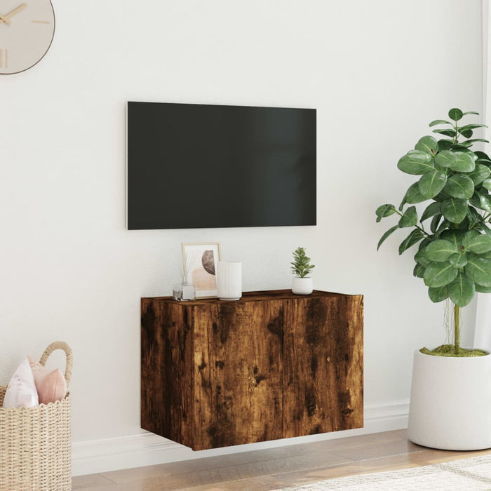 Mobile TV a Parete con Luci LED Rovere Fumo 60x35x41 cm 837310