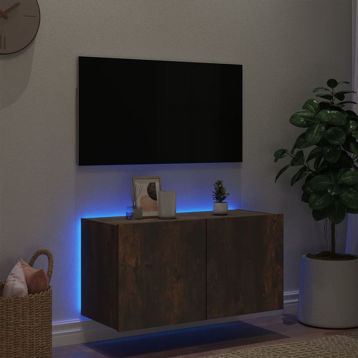 Mobile TV a Parete con Luci LED Rovere Fumo 80x35x41 cm 837320