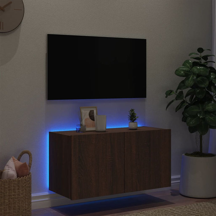 Mobile TV a Parete con Luci LED Rovere Marrone 80x35x41 cm 837322