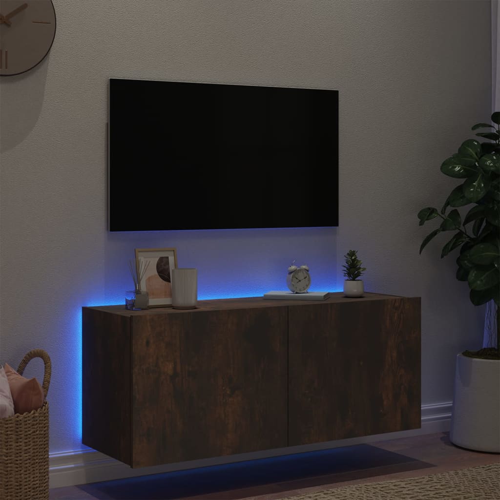 Mobile TV a Parete con Luci LED Rovere Fumo 100x35x41 cm 837327