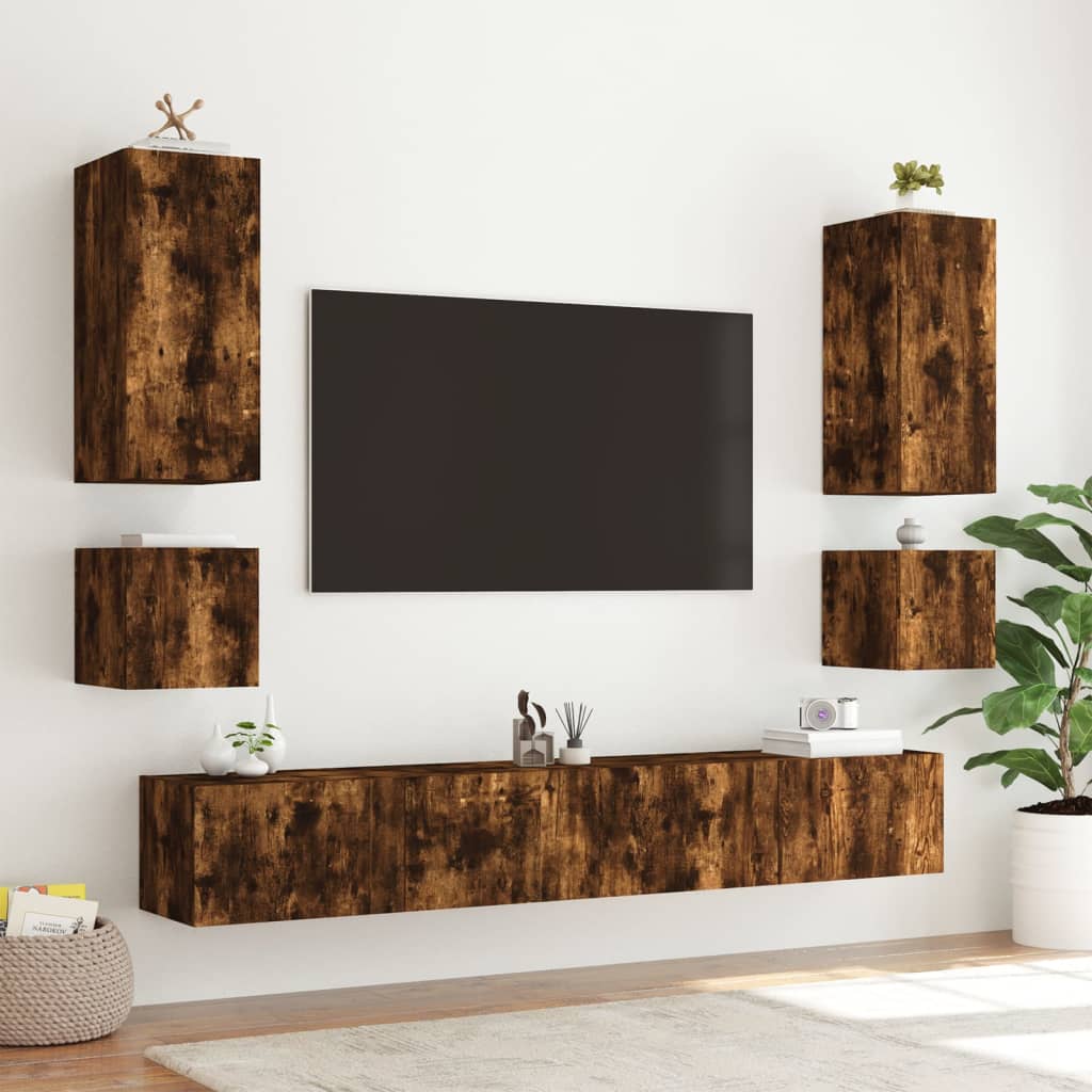 Mobile TV a Parete con Luci LED Rovere Fumo 100x35x41 cm 837327