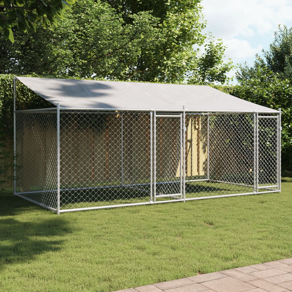 Gabbia Cani con Tetto e Porte Grigia 4x2x2 m in Acciaio Zincato 3209563