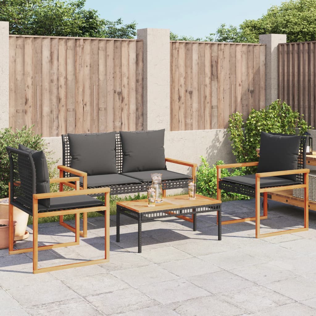 Set Divani da Giardino 4 pz con Cuscini Nero in Polyrattan 365858