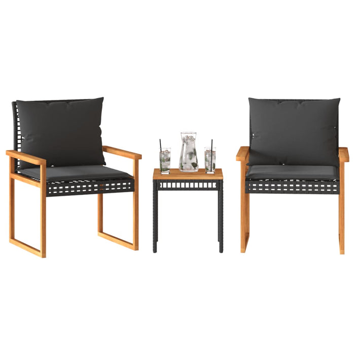 Set da Bistrò 3 pz con Cuscini Nero Polyrattan e Legno Acacia 365860