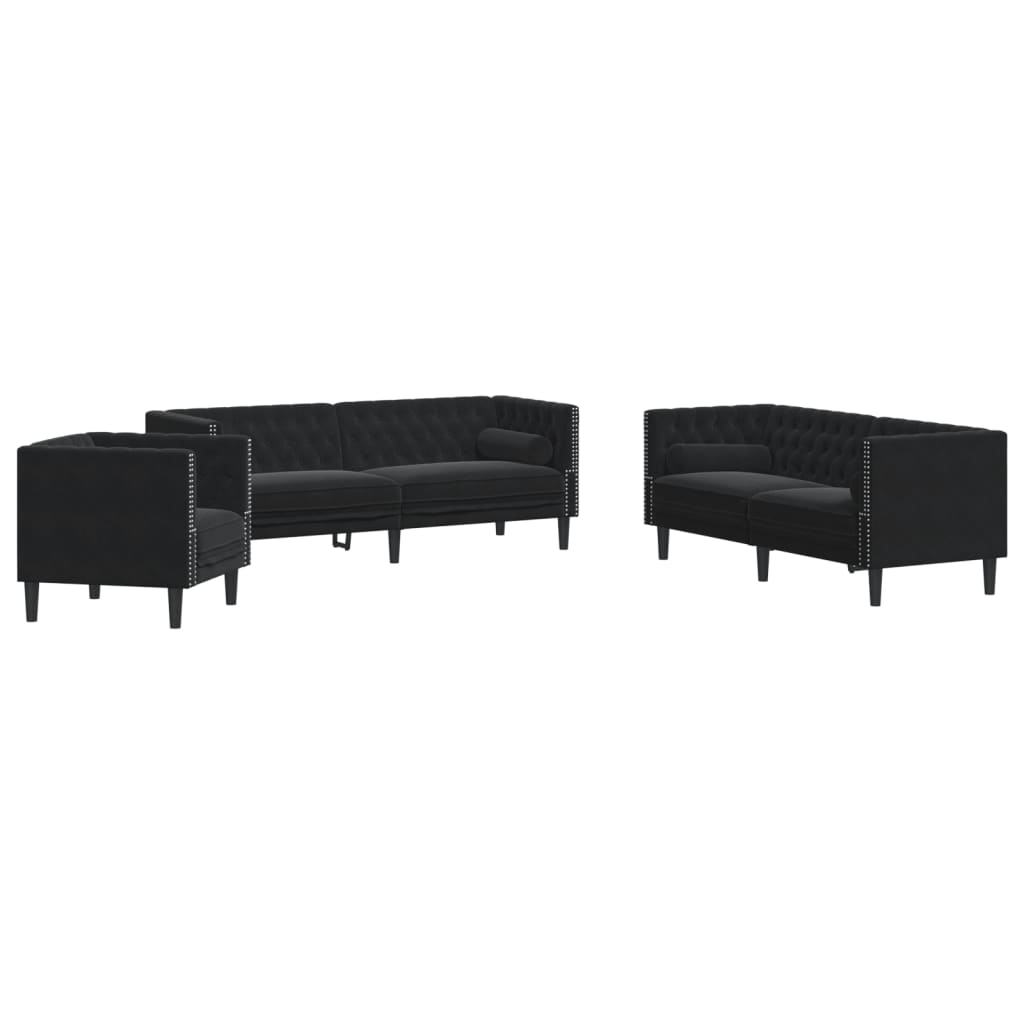 Set Divani Chesterfield 3pz con Cuscini Nero Velluto 3209286