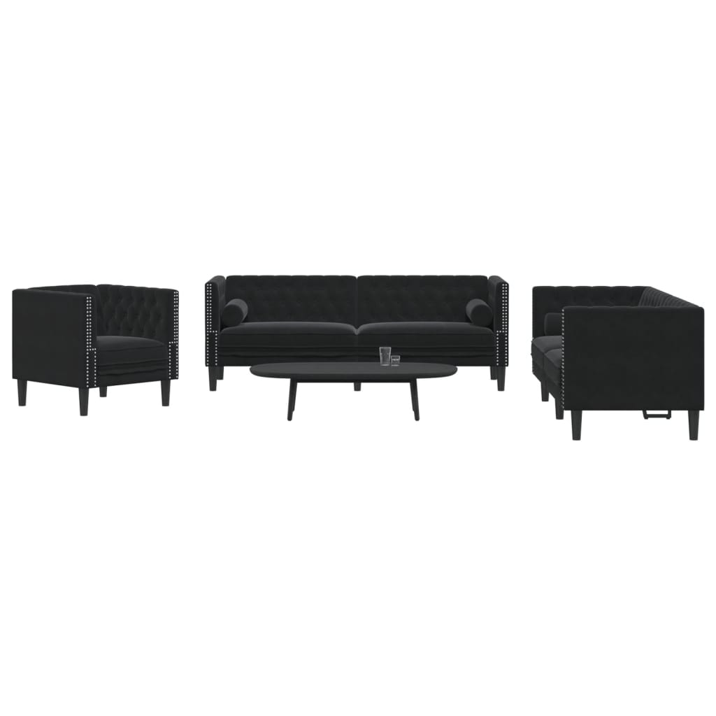 Set Divani Chesterfield 3pz con Cuscini Nero Velluto 3209286