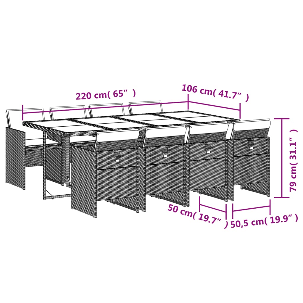 Set da Pranzo da Giardino 9 pz con Cuscini in Polyrattan Grigio 3210560