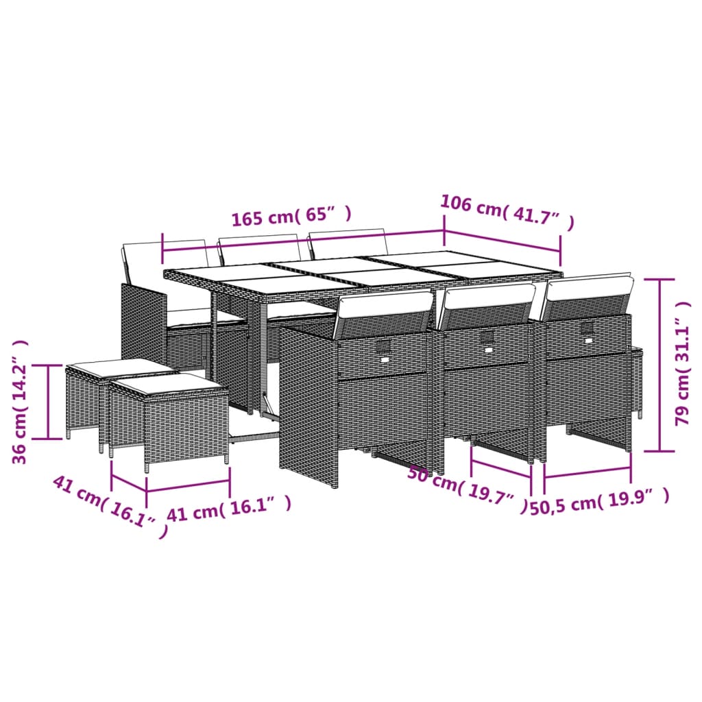 Set da Pranzo da Giardino 11pz con Cuscini in Polyrattan Grigio 3210608