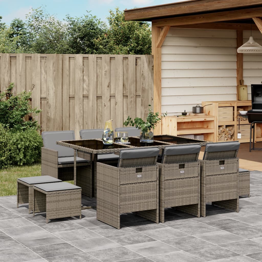 Set da Pranzo da Giardino 11pz con Cuscini in Polyrattan Grigio 3210608