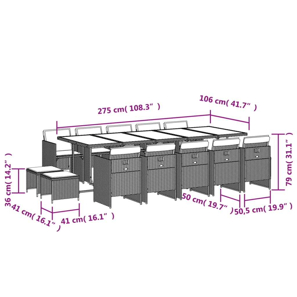 Set da Pranzo da Giardino 15 pz con Cuscini Marrone Polyrattan 3210633