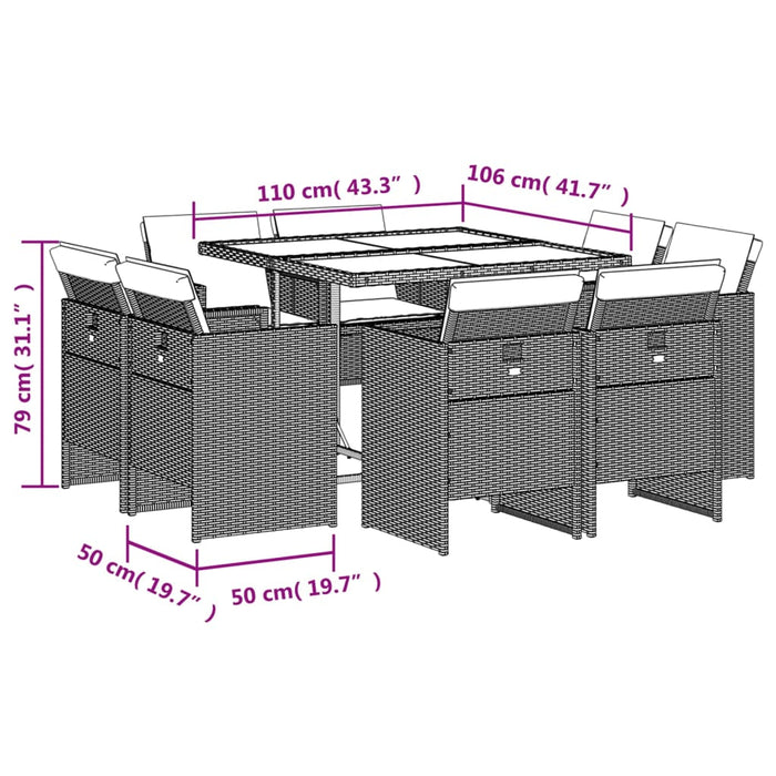 Set Pranzo da Giardino 9pz con Cuscini Grigio Chiaro Polyrattan 3210659