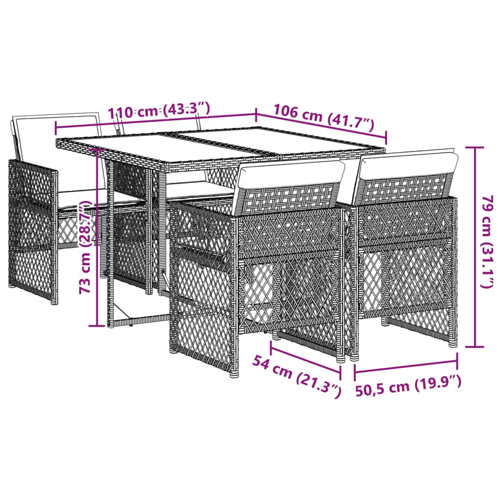 Set da Pranzo da Giardino 5 pz Nero con Cuscini in Polyrattan 3210715