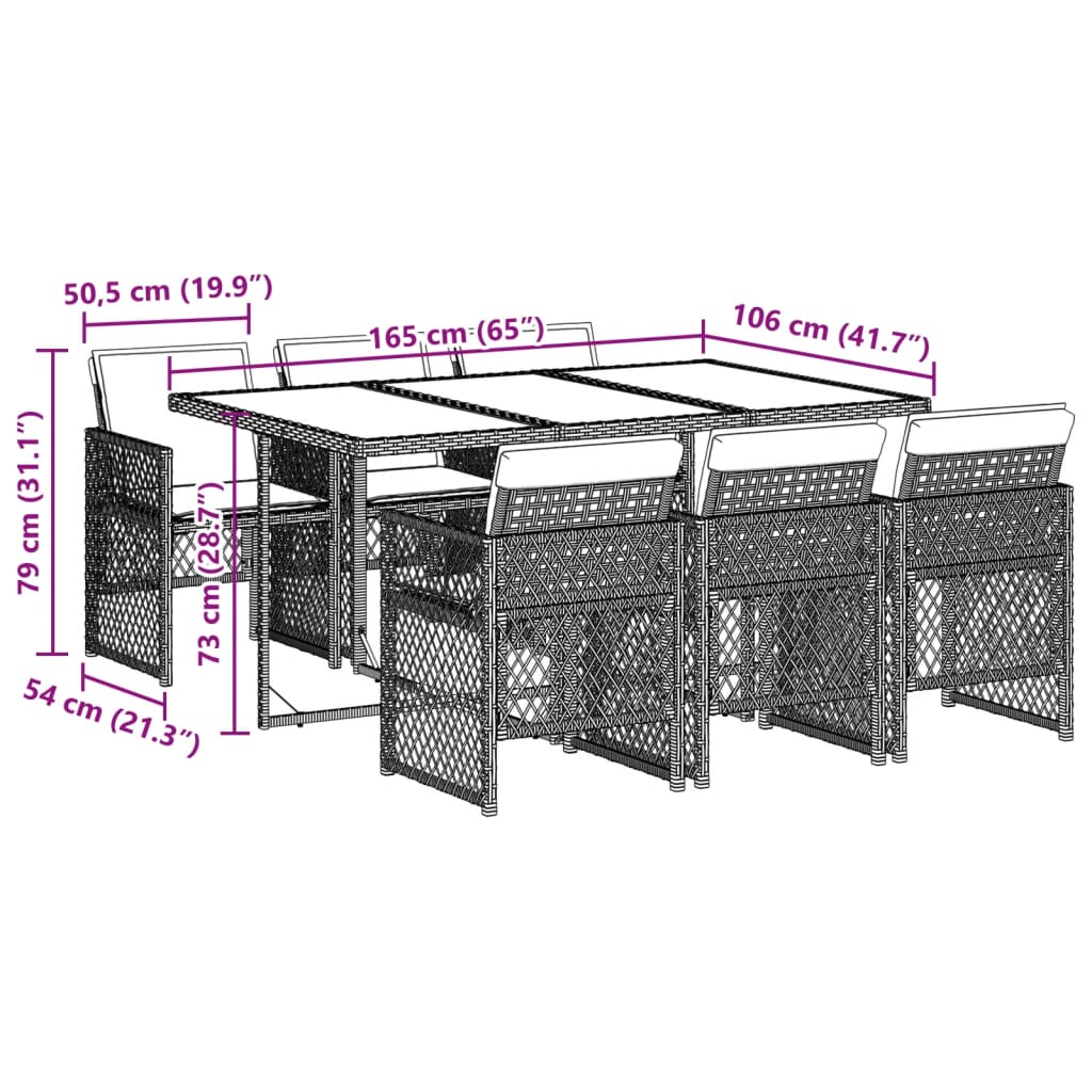 Set da Pranzo da Giardino 7 pz Nero con Cuscini in Polyrattan 3210726