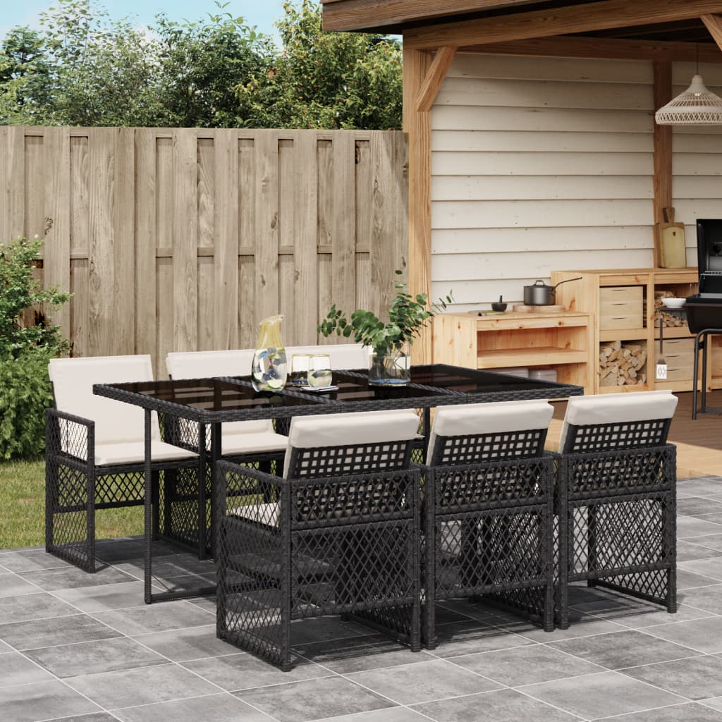 Set da Pranzo da Giardino 7 pz Nero con Cuscini in Polyrattan 3210726