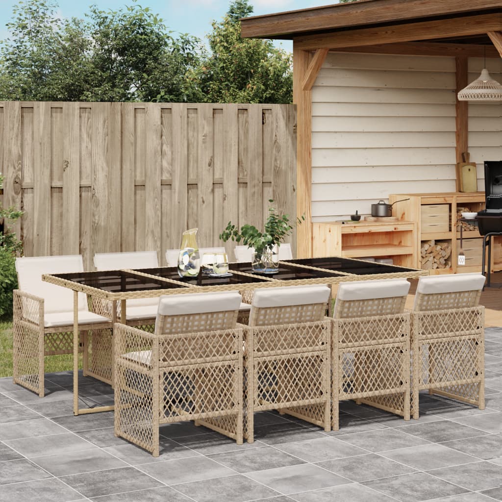 Set da Pranzo da Giardino 9 pz con Cuscini Beige in Polyrattan 3210742