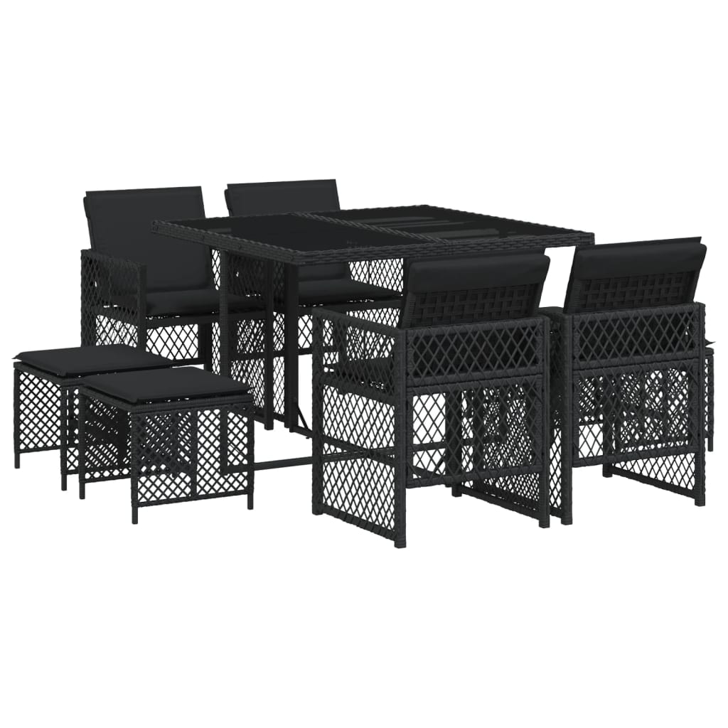 Set da Pranzo da Giardino 9 pz con Cuscini Nero in Polyrattan 3210775