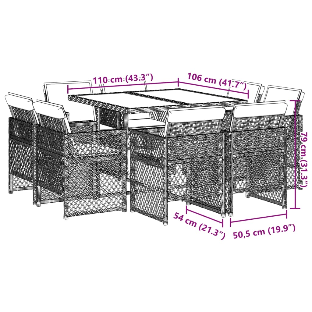 Set Pranzo da Giardino 9pz con Cuscini Grigio Chiaro Polyrattan 3210839