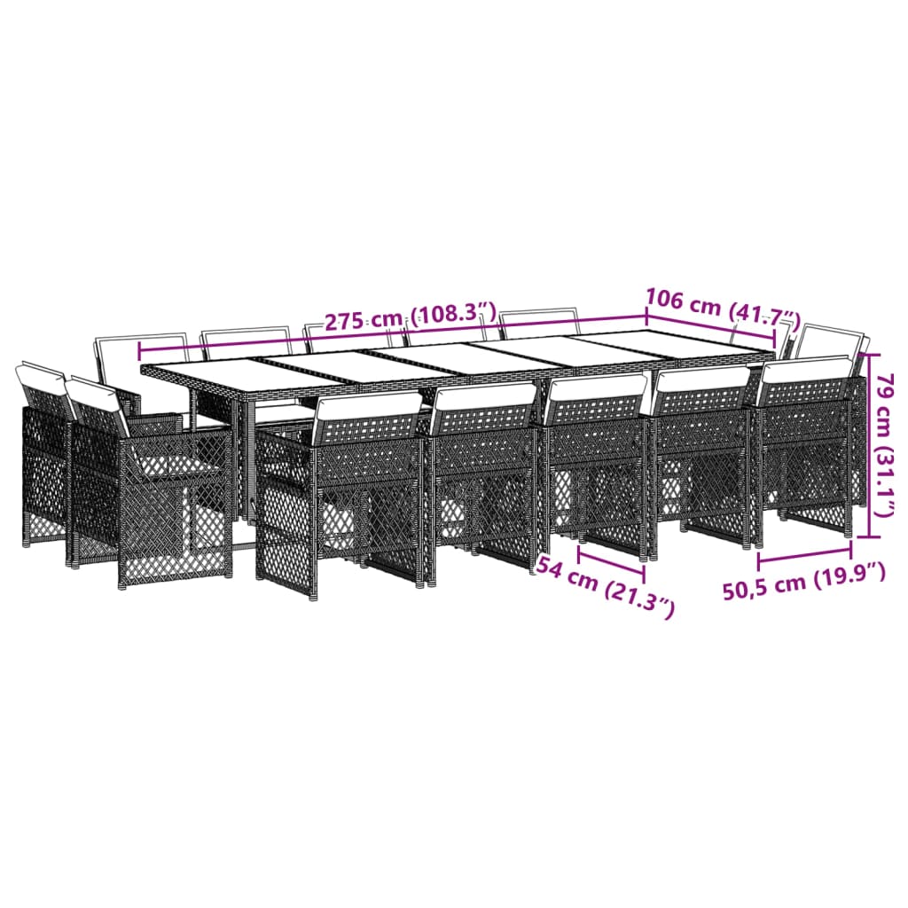 Set da Pranzo da Giardino 15 pz con Cuscini Grigio Polyrattan 3210875