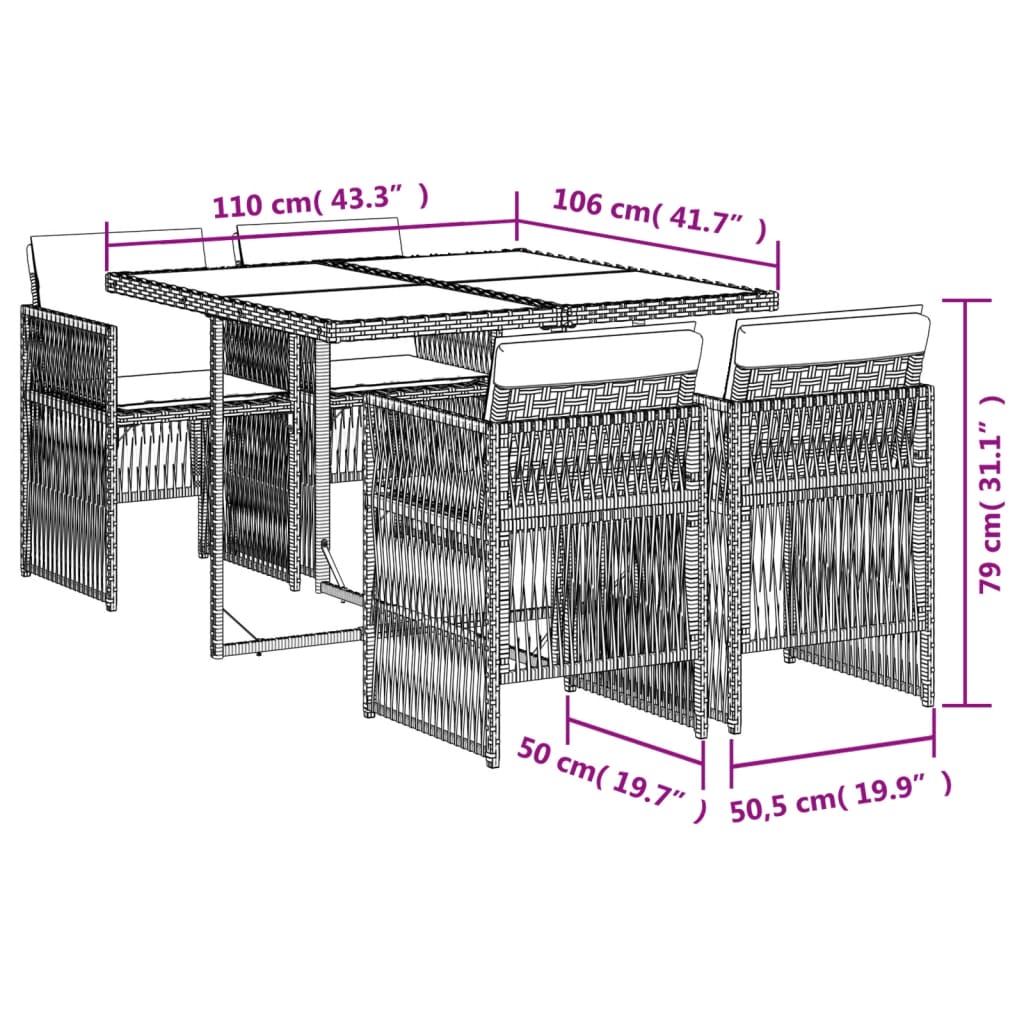 Set da Pranzo da Giardino 5 pz Nero con Cuscini in Polyrattan 3210895