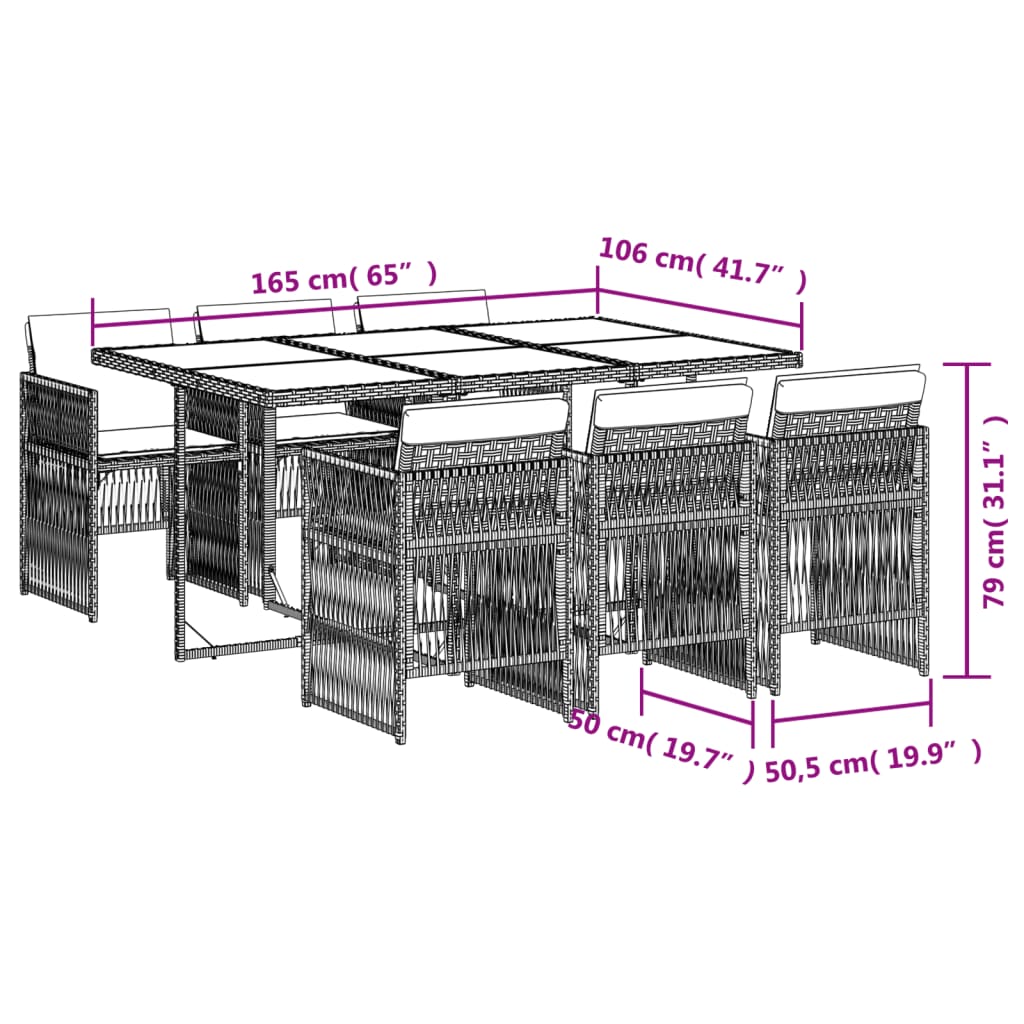 Set da Pranzo da Giardino 7 pz Nero con Cuscini in Polyrattan 3210906