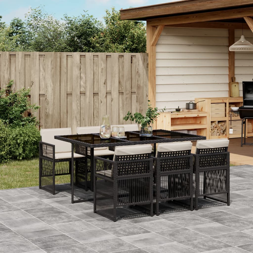 Set da Pranzo da Giardino 7 pz Nero con Cuscini in Polyrattan 3210906