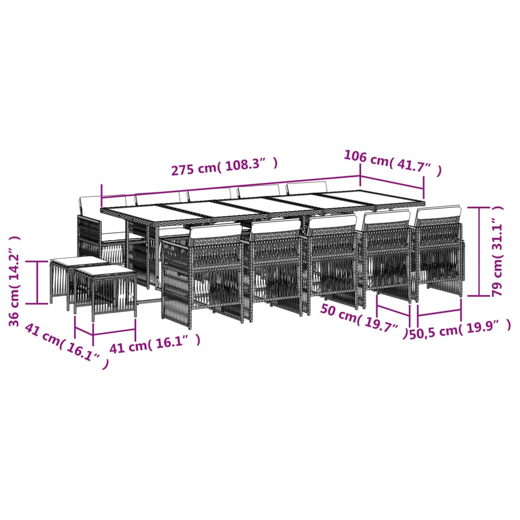 Set da Pranzo da Giardino 15 pz con Cuscini Grigio Polyrattan 3210995