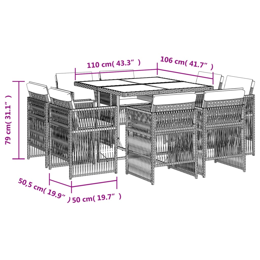 Set Pranzo da Giardino 9pz con Cuscini Grigio Chiaro Polyrattan 3211019