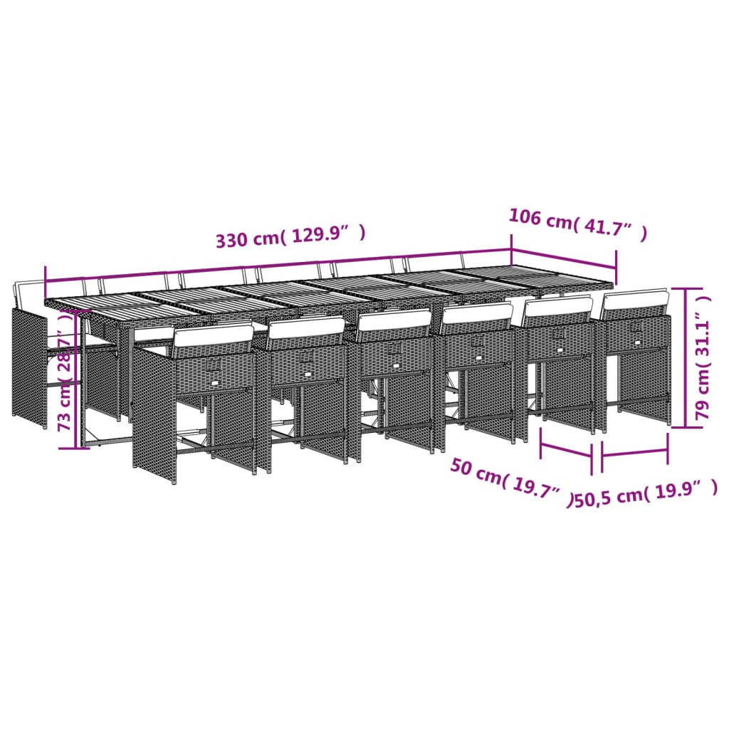 Set da Pranzo da Giardino 13pz con Cuscini Grigio in Polyrattan 3211130