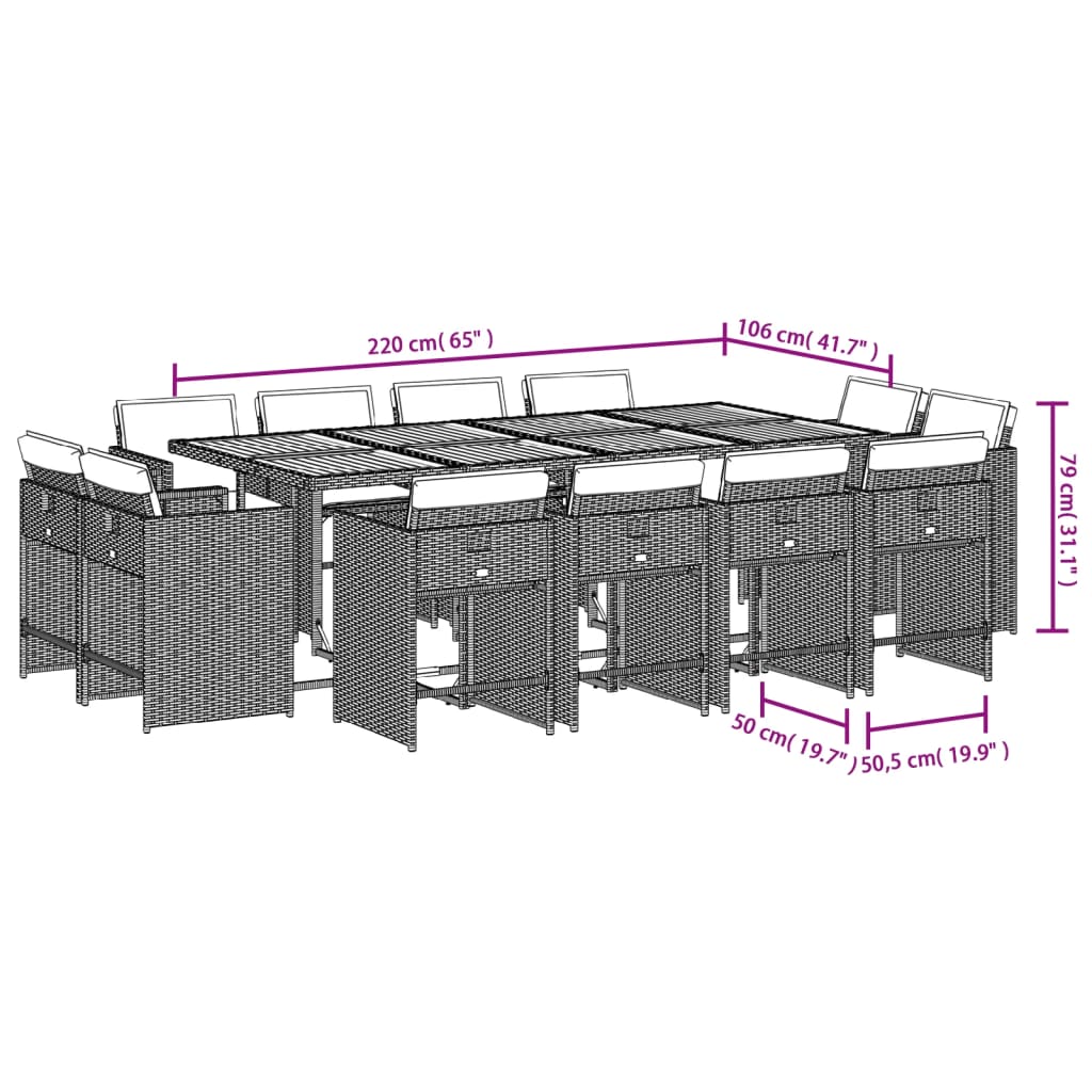 Set da Pranzo da Giardino 13pz con Cuscini Grigio in Polyrattan 3211223