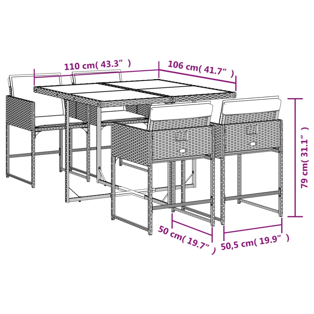 Set da Pranzo da Giardino 5 pz Nero con Cuscini in Polyrattan 3211255